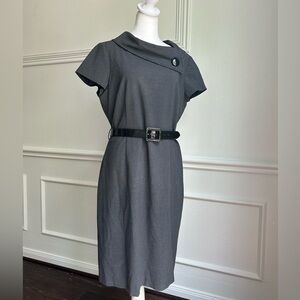Tahari Gray Asymmetrical 60’s Vintage Style Sheath Dress with Dolman Sleeves
